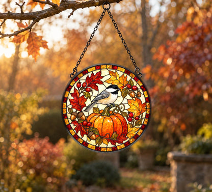 Harvest Chickadee Pumpkin Stained Glass Style Suncatcher Hanging