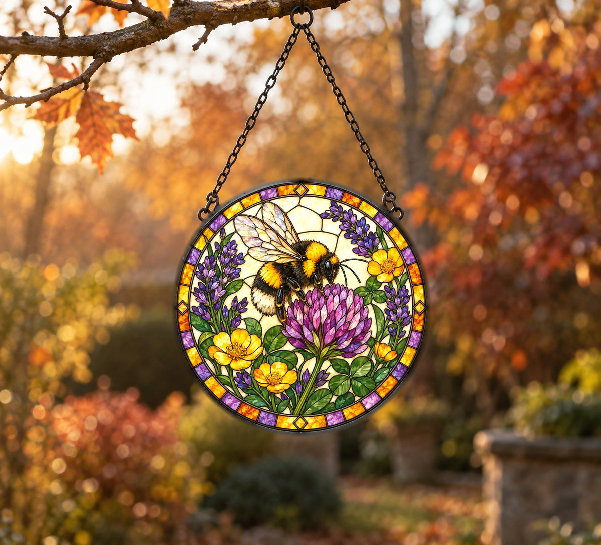 Lavender Meadow Bumblebee Stained Glass Style Suncatcher Hanging