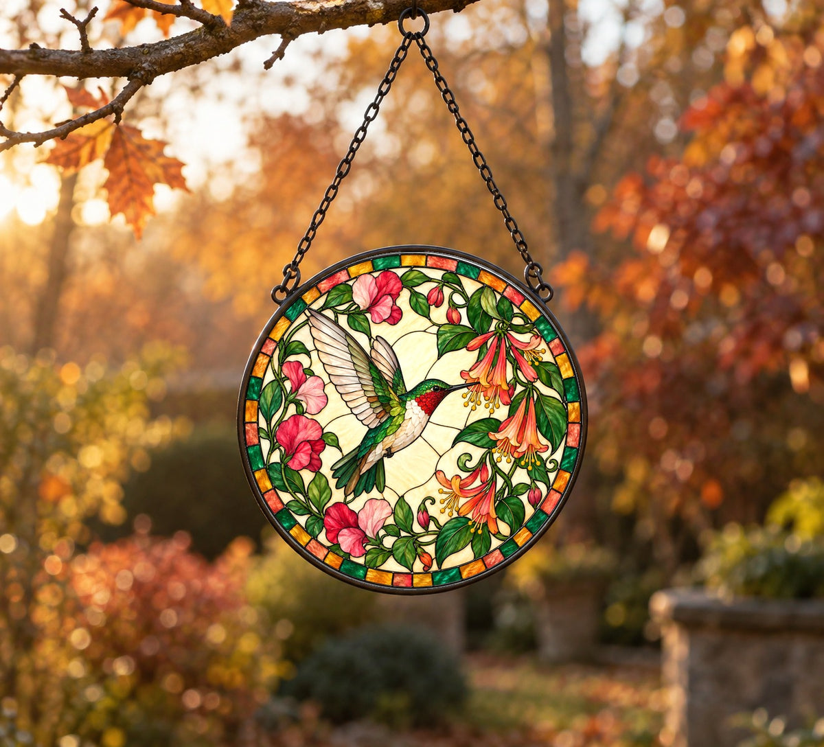 Hummingbird Honeysuckle Stained Glass Suncatcher Window Ornament
