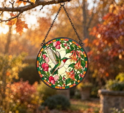 Hummingbird Honeysuckle Stained Glass Suncatcher Window Ornament