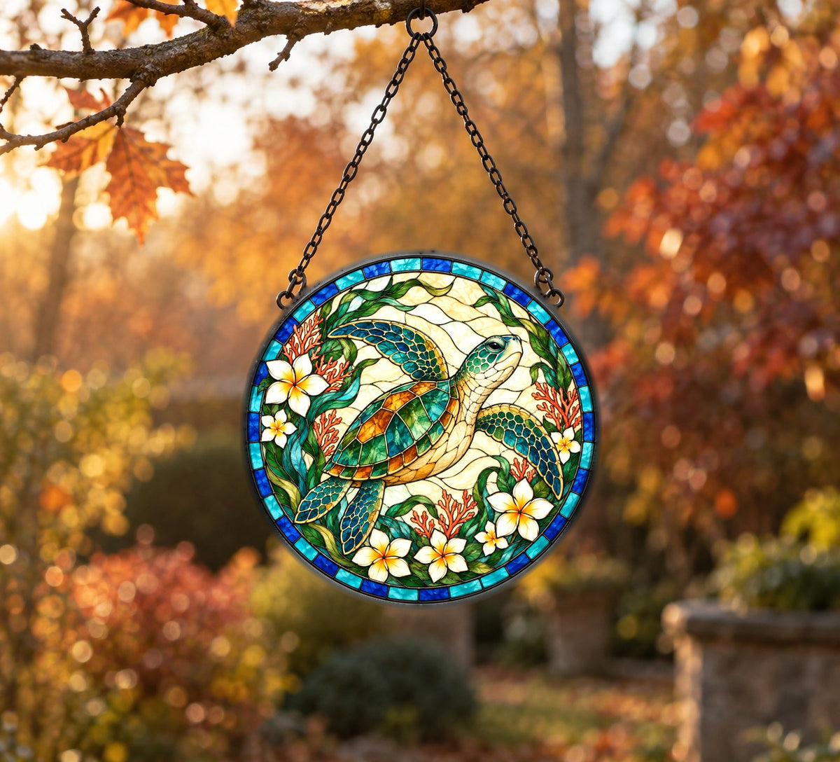 Sunlit Glide Sea Turtle Stained Glass Style Suncatcher Ornament