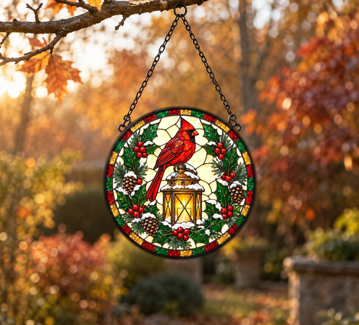 Winter Cardinal Glass Suncatcher Christmas Window Ornament