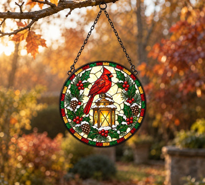 Winter Cardinal Glass Suncatcher Christmas Window Ornament