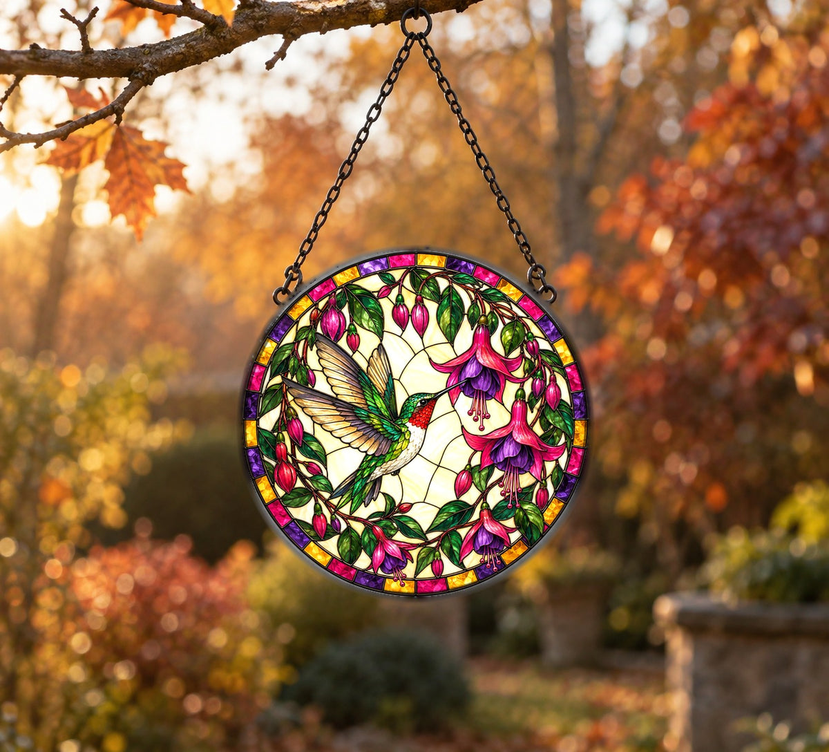 Fuchsia Hummingbird Glass Suncatcher Window Ornament