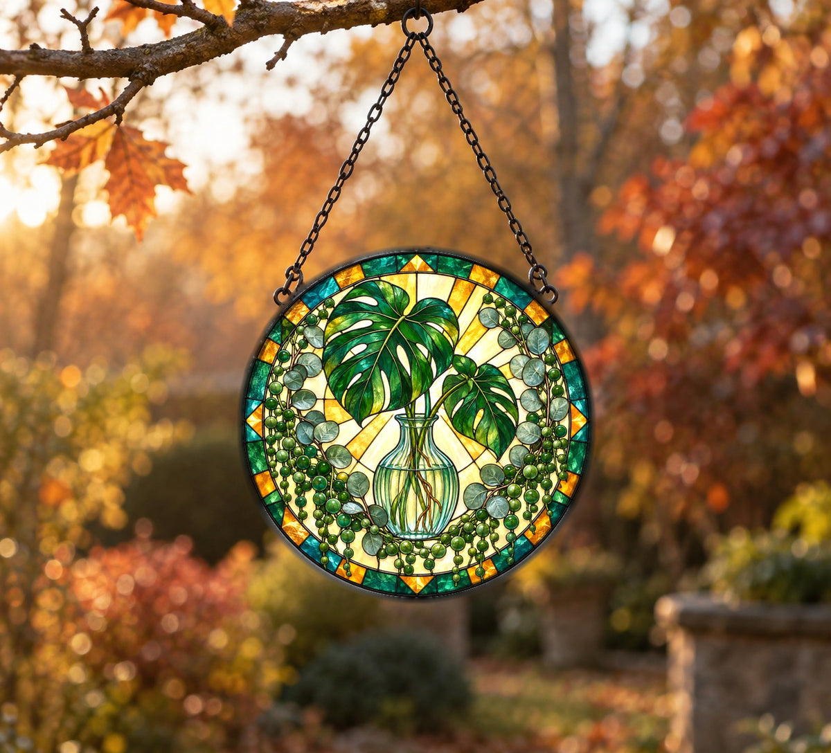 Mid-Century Botanical Sunburst Glass Suncatcher Window Ornament