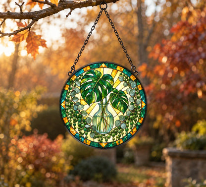 Mid-Century Botanical Sunburst Glass Suncatcher Window Ornament
