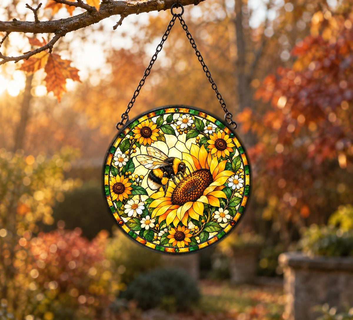 Sunflower Bumblebee Stained Glass Suncatcher Window Hanging Ornament