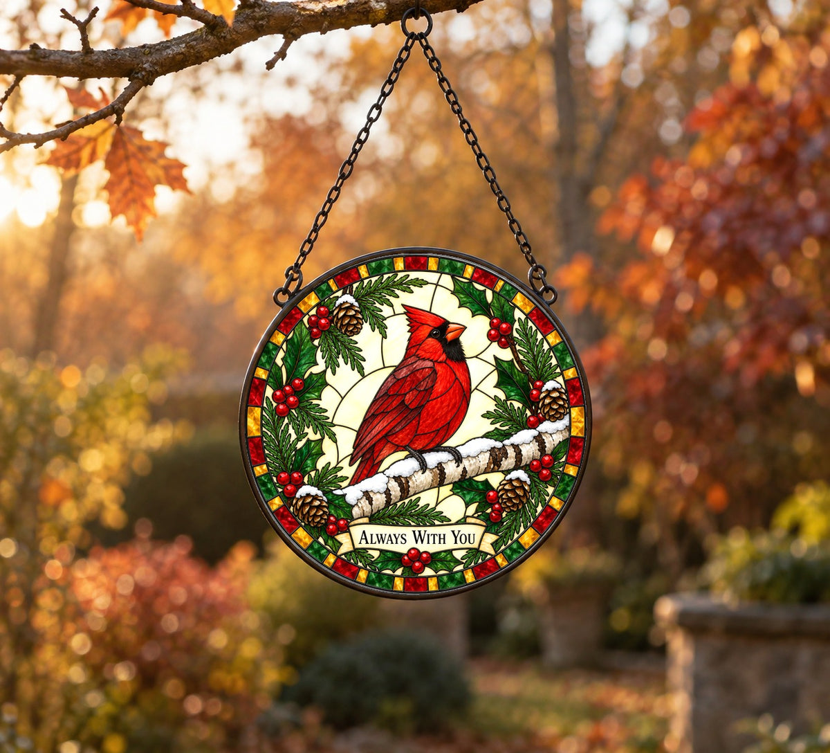 Winter Cardinal Suncatcher Ornament, Always With You Memorial Glass Art