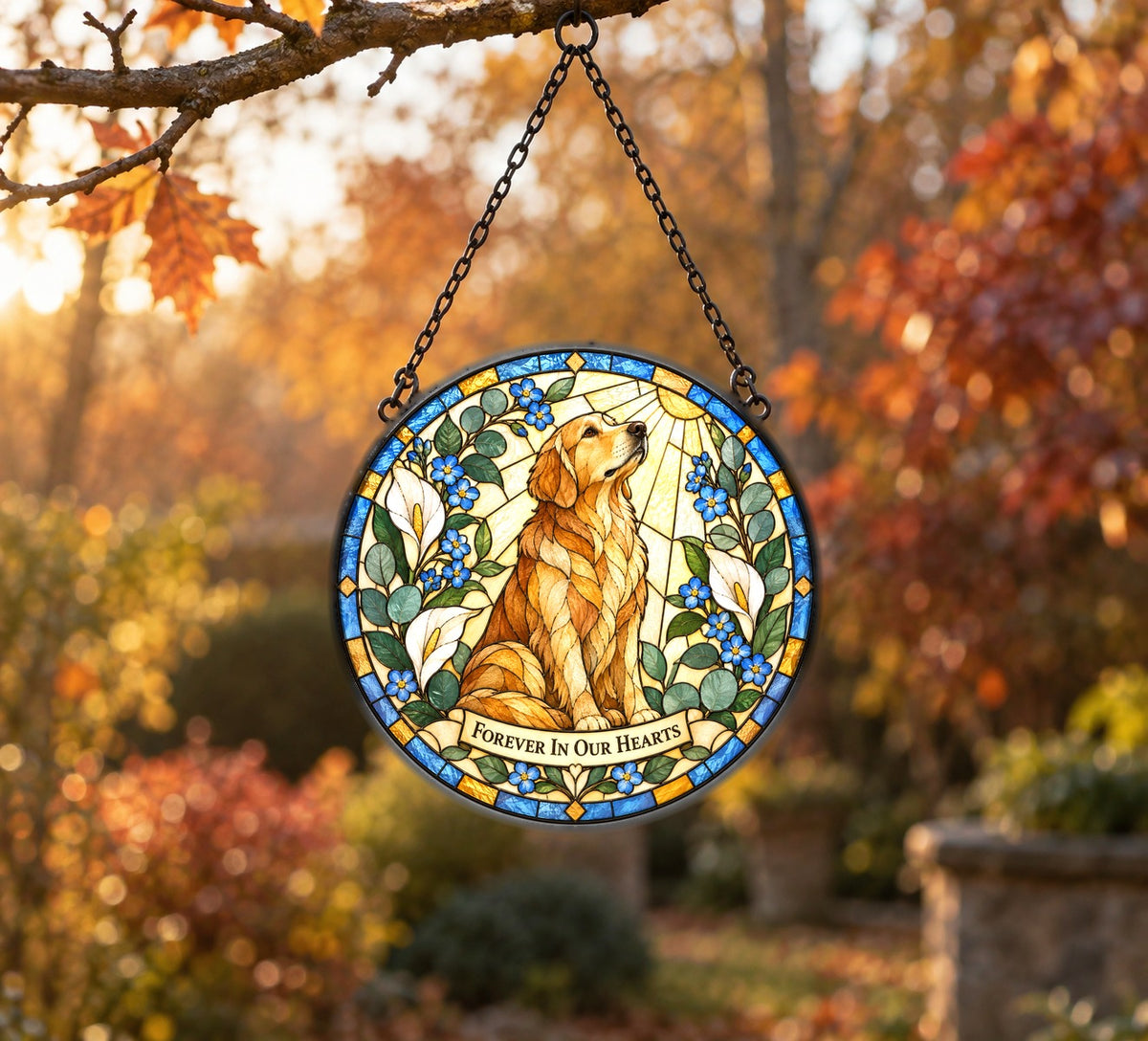 Golden Light Dog Memorial Glass Suncatcher Window Hanging Ornament