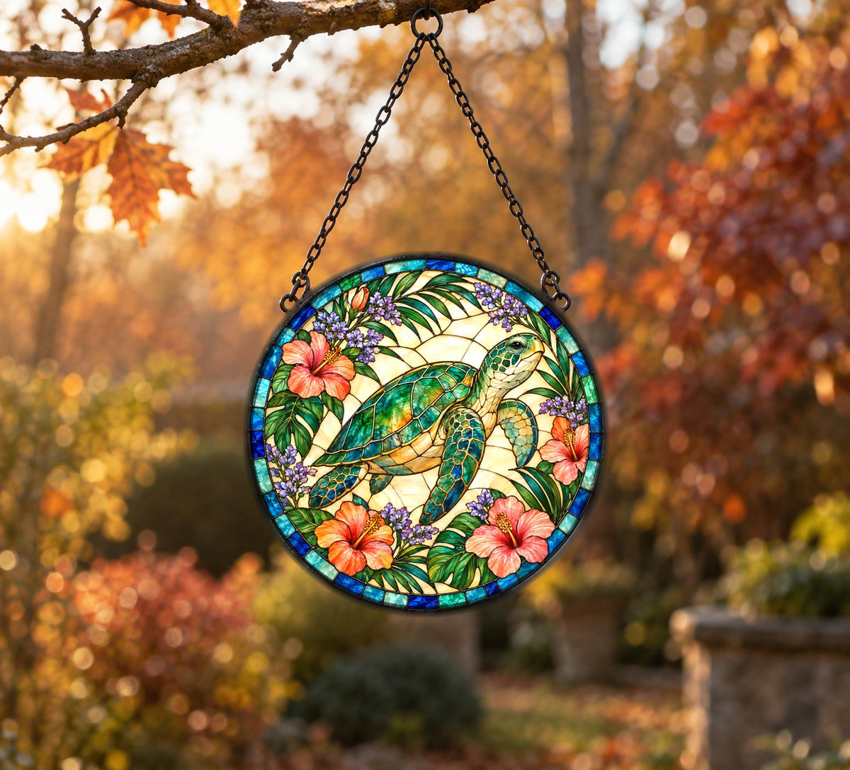 Sea Turtle Coastal Stained Glass Suncatcher Window Hanging Ornament