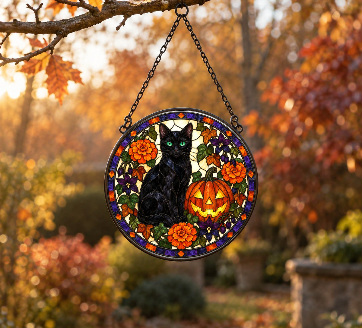 Halloween Black Cat and Pumpkin Stained Glass Suncatcher Window