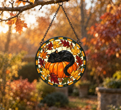 Autumn Slumber Black Cat Suncatcher, Fall Pumpkin Window Ornament