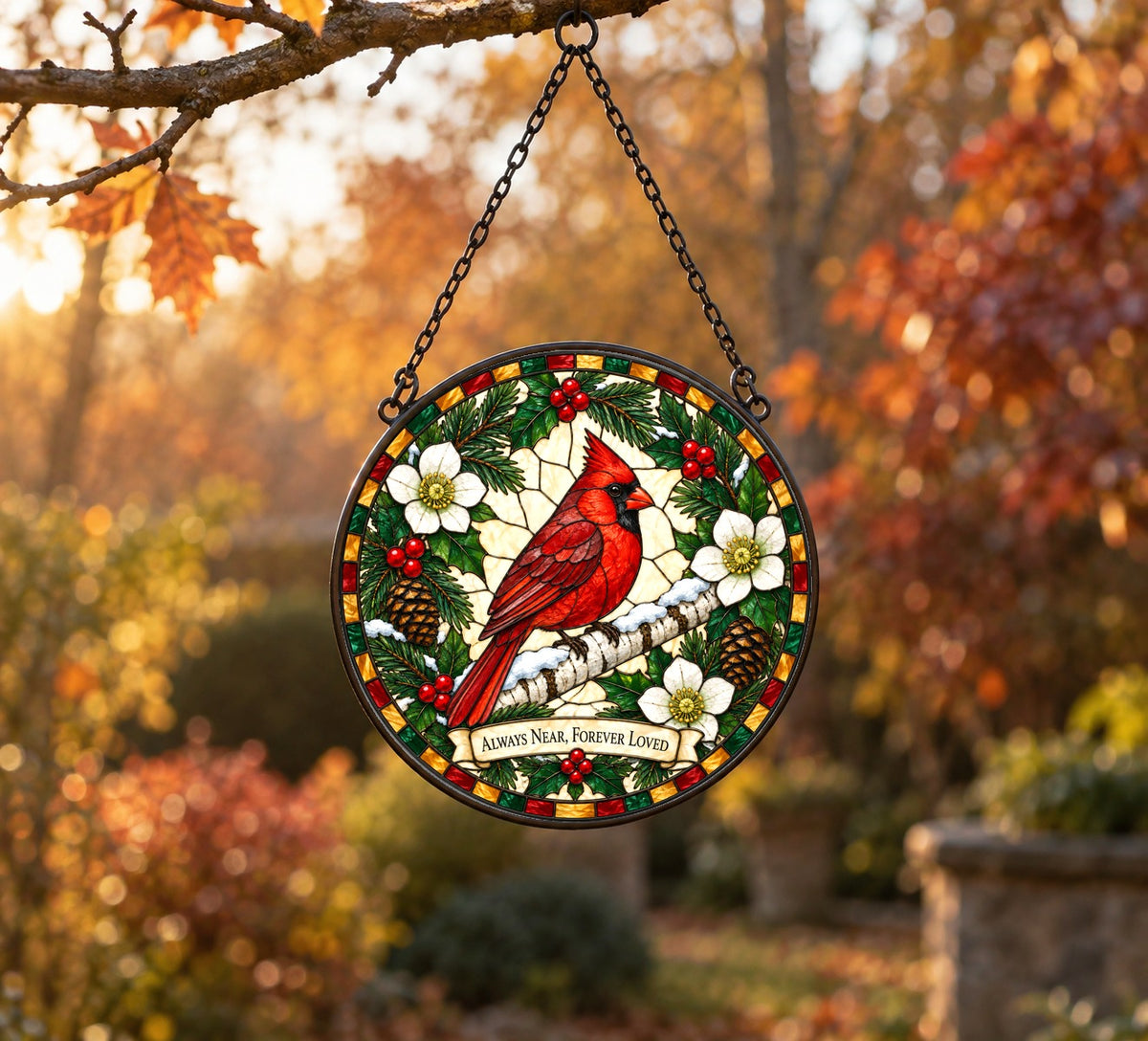 Winter Cardinal Memorial Suncatcher Glass Window Hanging Ornament