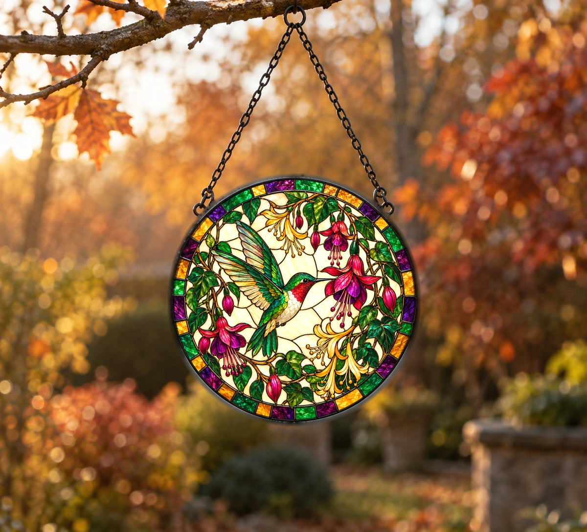 Ruby Hummingbird Fuchsia Bloom Glass Suncatcher Window Ornament