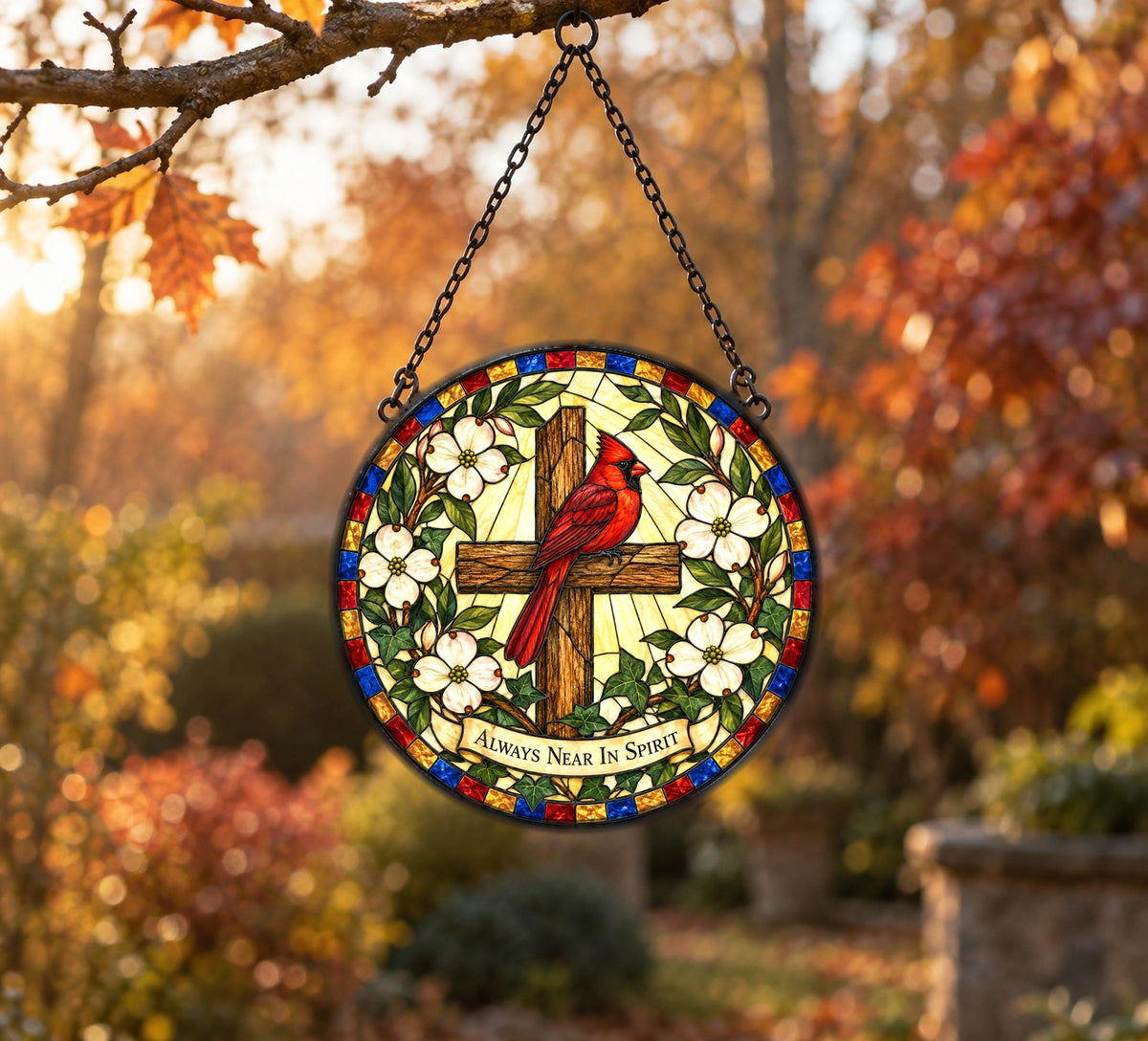 Cardinal Memorial Glass Suncatcher Window Ornament with Cross