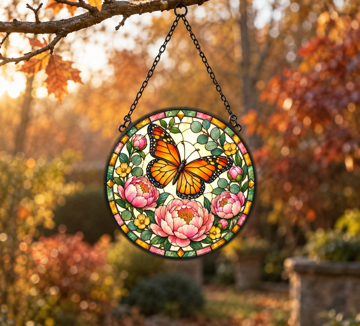 Monarch and Peony Suncatcher, Floral Butterfly Glass Hanging Ornament