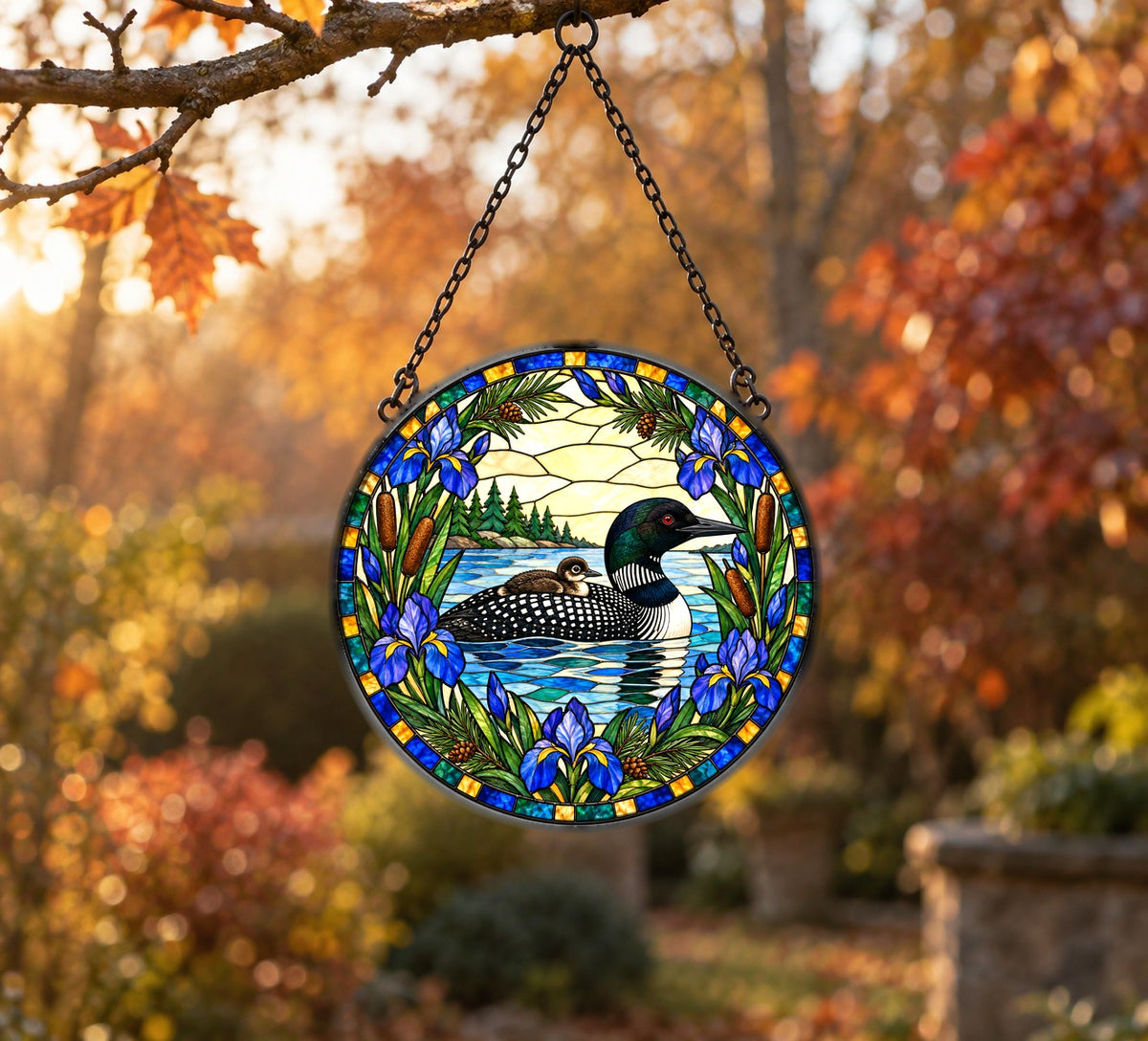 Northwoods Loon and Chick Suncatcher Hanging Glass Window Ornament