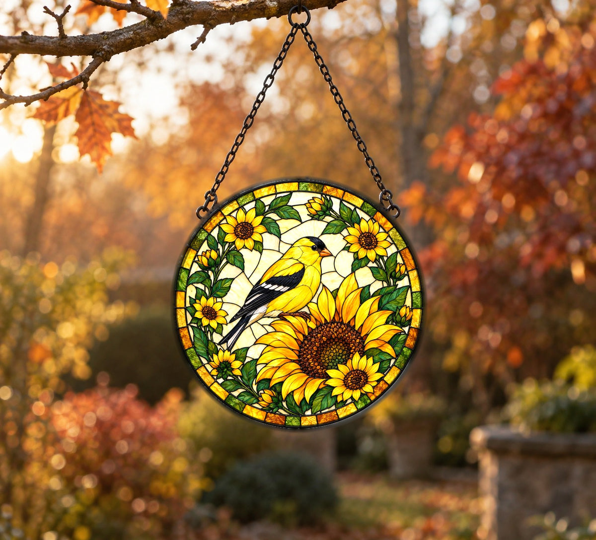 Sunflower and Goldfinch Window Suncatcher Hanging Glass Ornament