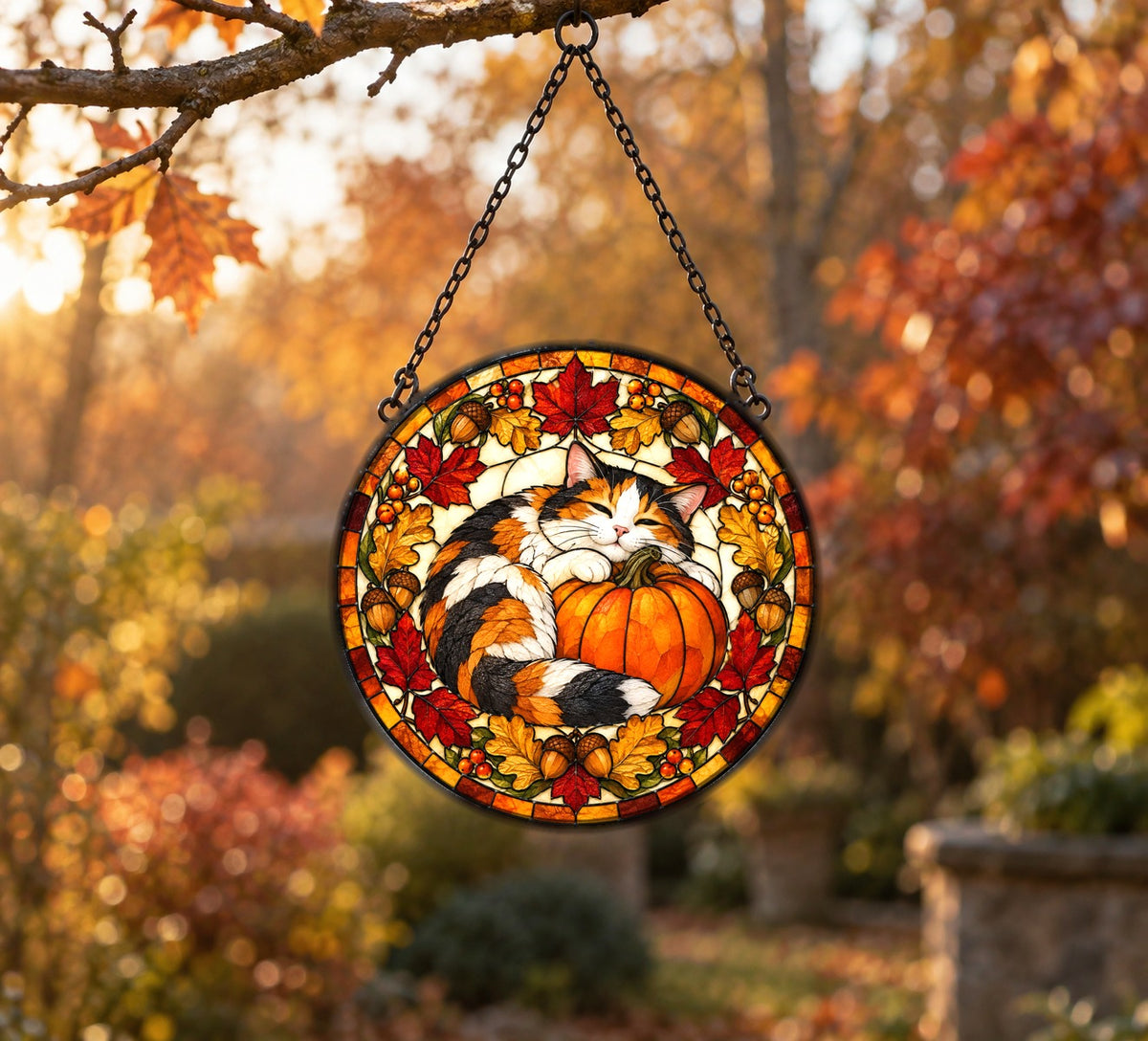 Calico Cat Autumn Pumpkin Suncatcher Ornament Stained Glass Window