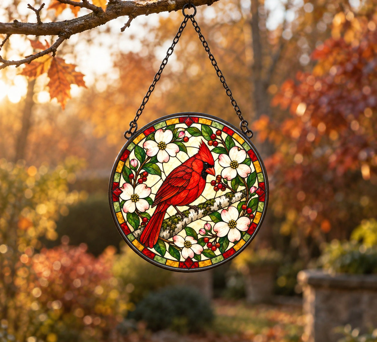 Crimson Cardinal Glass Suncatcher Window Hanging Ornament