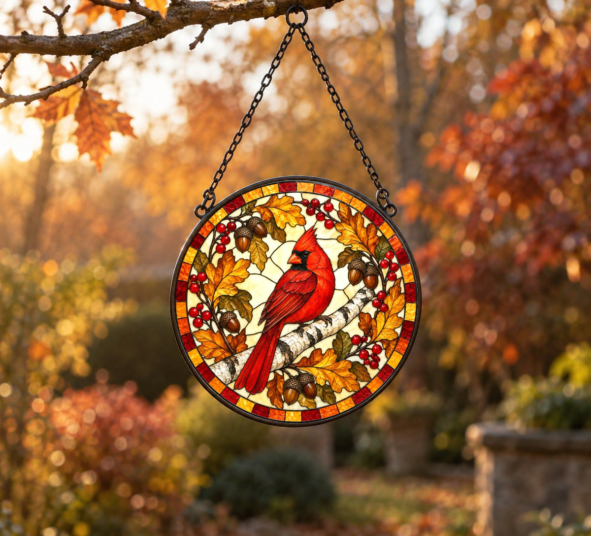 Autumn Birch Cardinal Glow Suncatcher, Memorial Bird Hanging Ornament