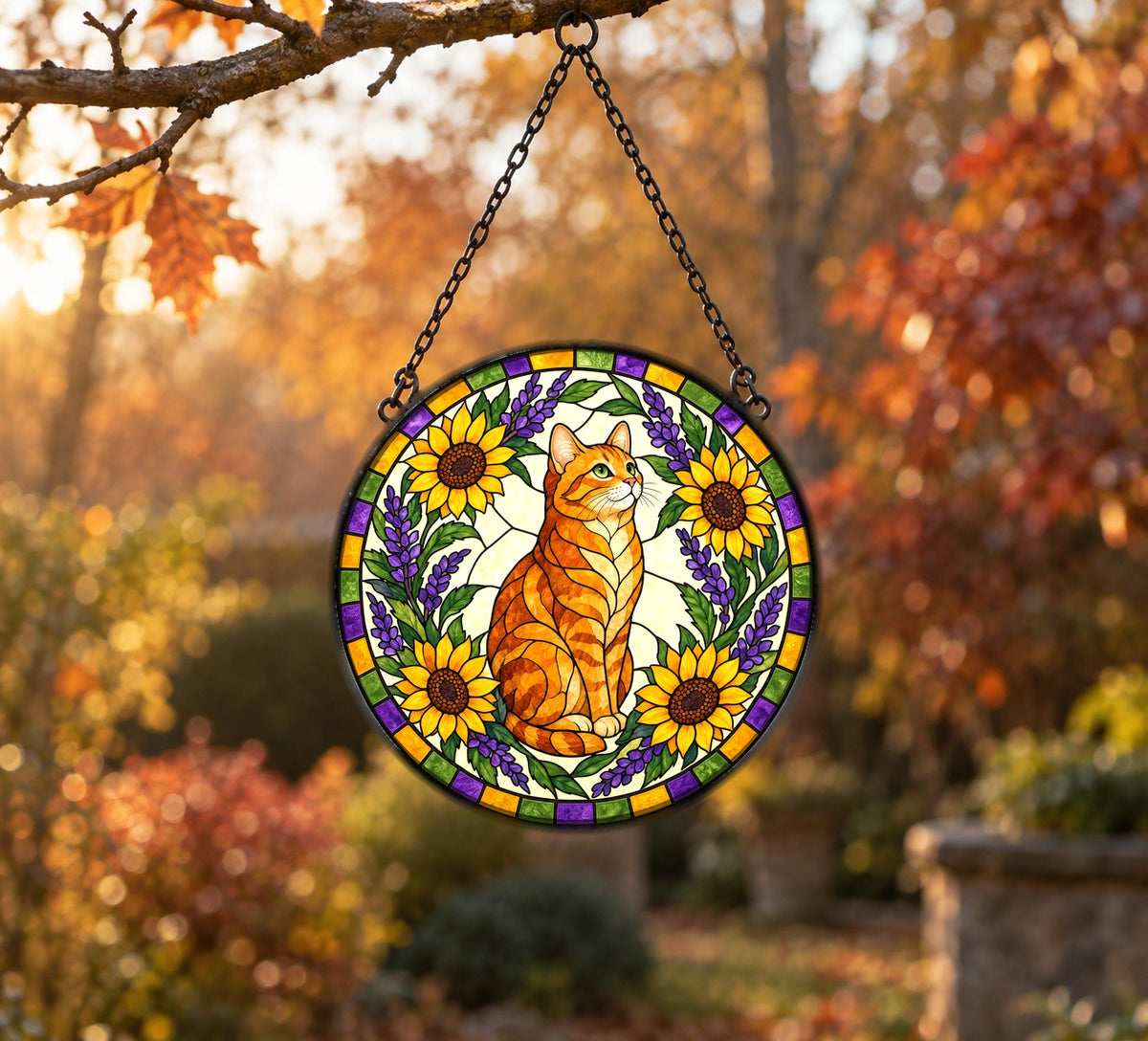 Sunlit Garden Tabby Suncatcher, Glass Cat Window Hanging Ornament