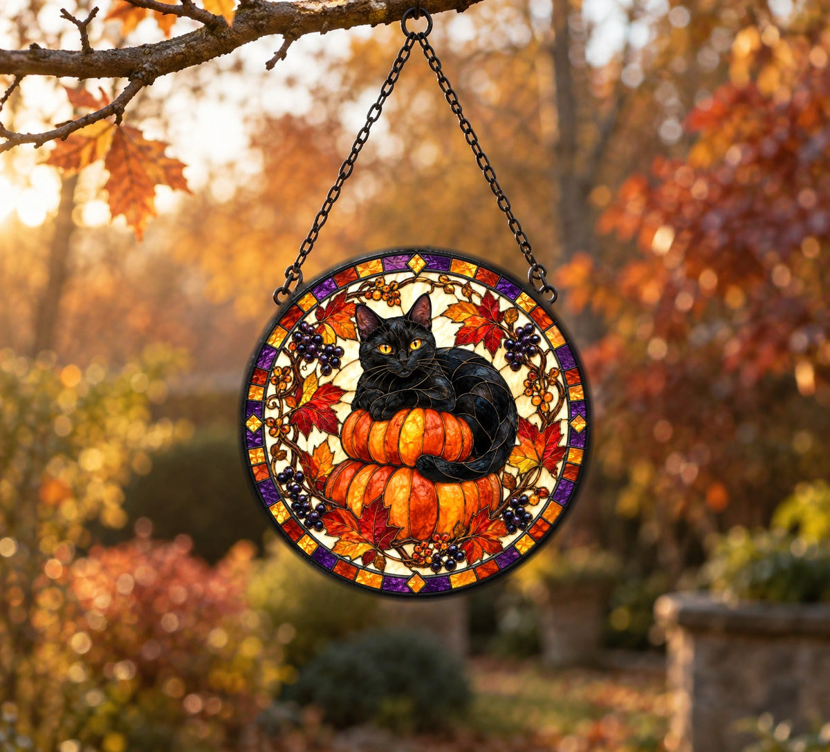 Midnight Cat and Pumpkin Suncatcher Ornament for Autumn Decor