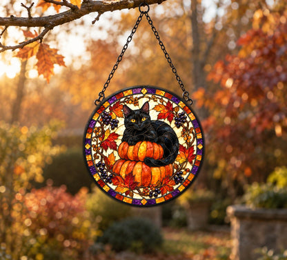 Midnight Cat and Pumpkin Suncatcher Ornament for Autumn Decor