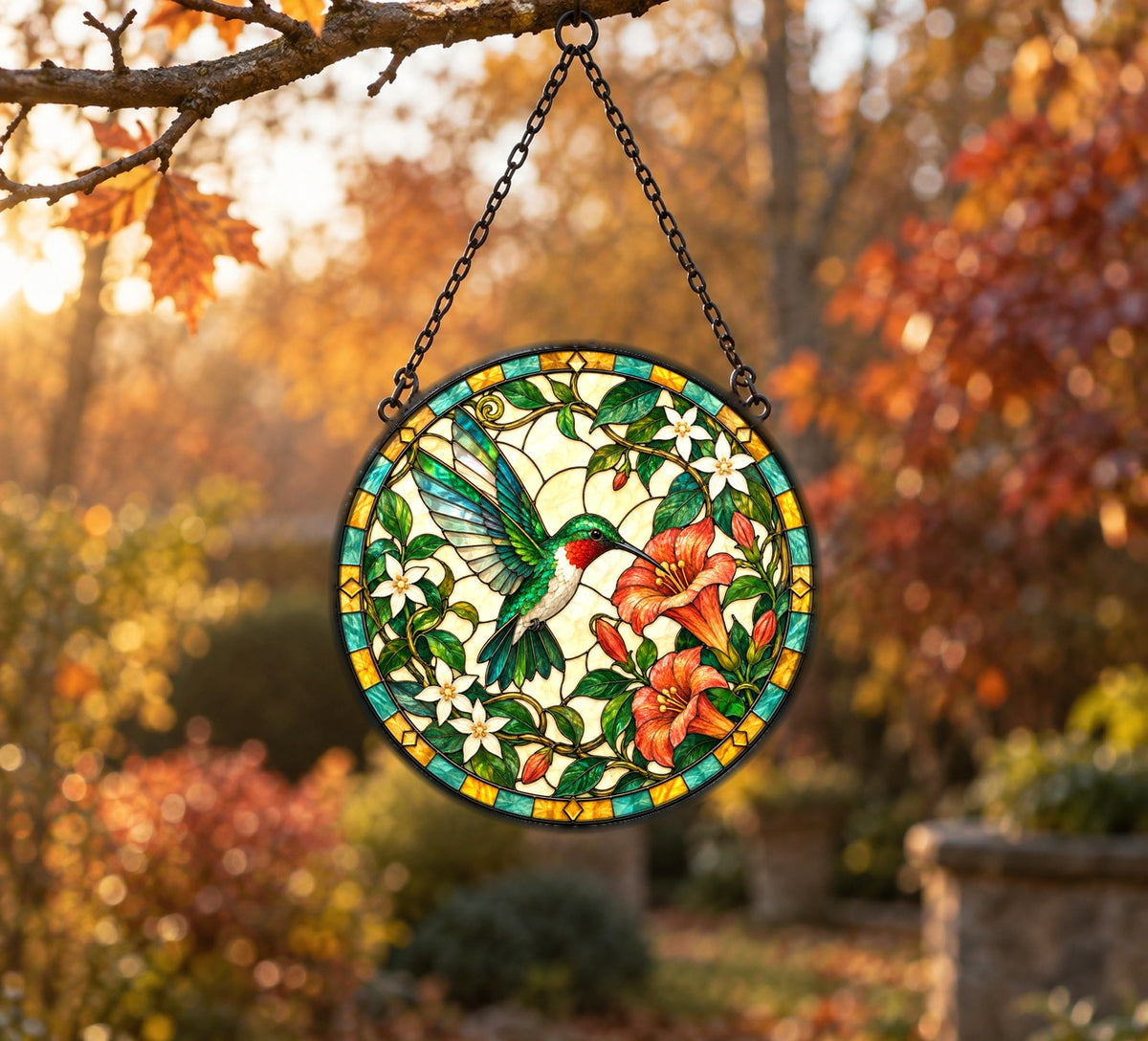 Sunlit Honeysuckle Hummingbird Suncatcher Window Hanging Ornament