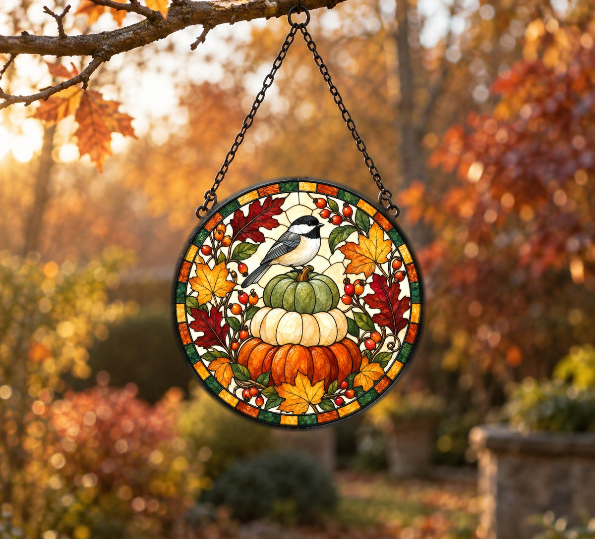 Autumn Songbird and Pumpkins Suncatcher Fall Window Hanging Ornament