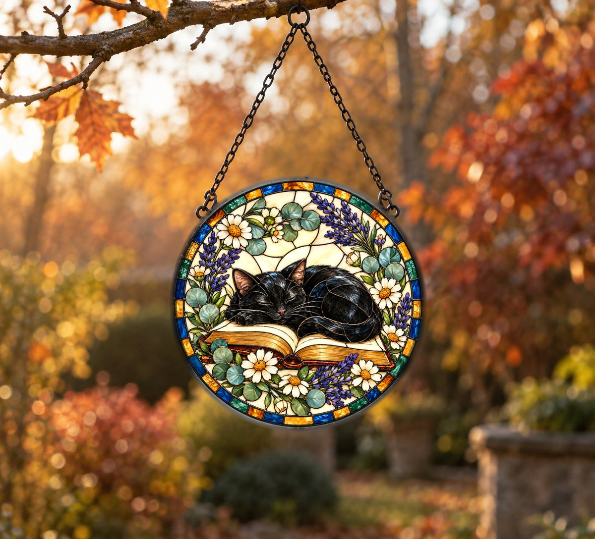 Cozy Cat Nook Stained Glass Suncatcher Window Hanging Ornament