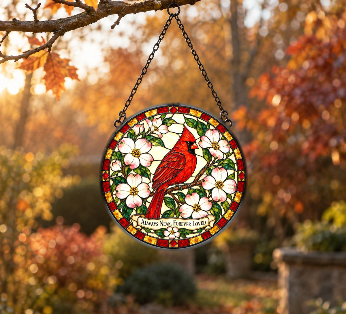 Cardinal Dogwood Glass Suncatcher Window Hanging Memorial Ornament