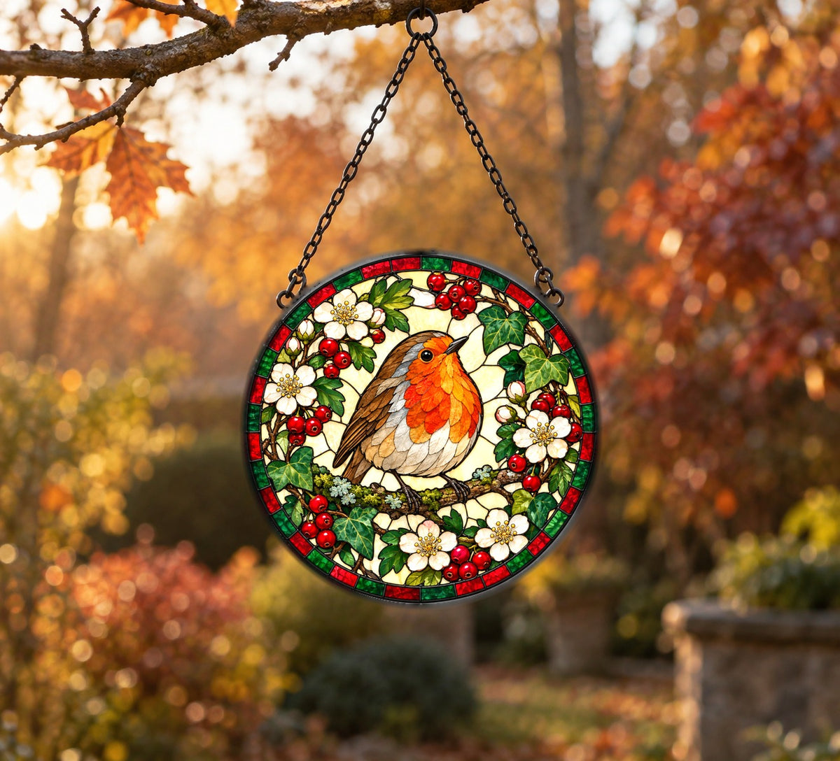 Garden Visitor Robin Stained Glass Suncatcher Hanging Ornament