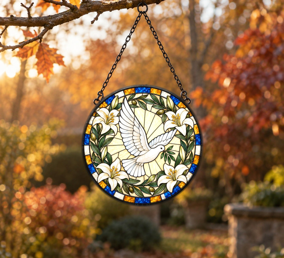 Grace and Peace Descending Dove Glass Suncatcher Hanging Ornament