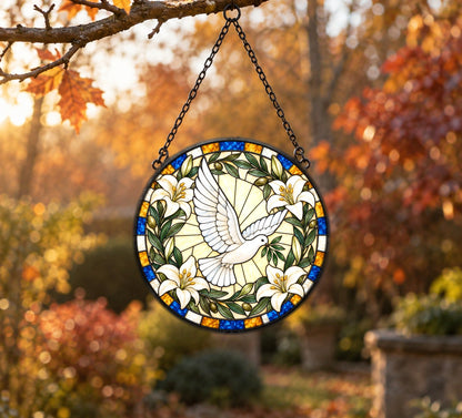 Grace and Peace Descending Dove Glass Suncatcher Hanging Ornament