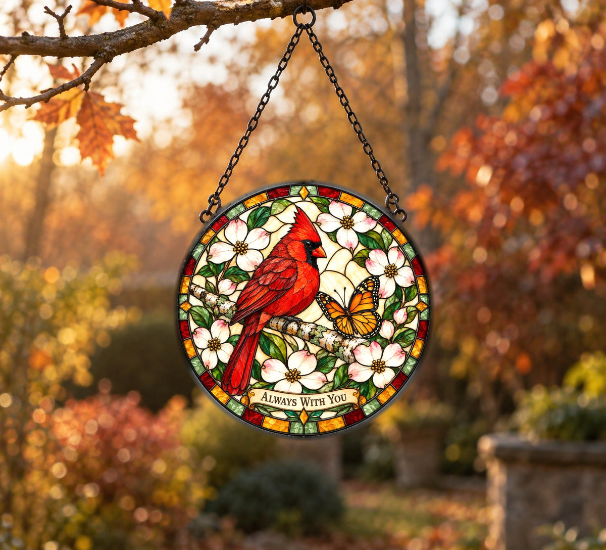 Cardinal and Butterfly Memorial Glass Suncatcher Window Ornament