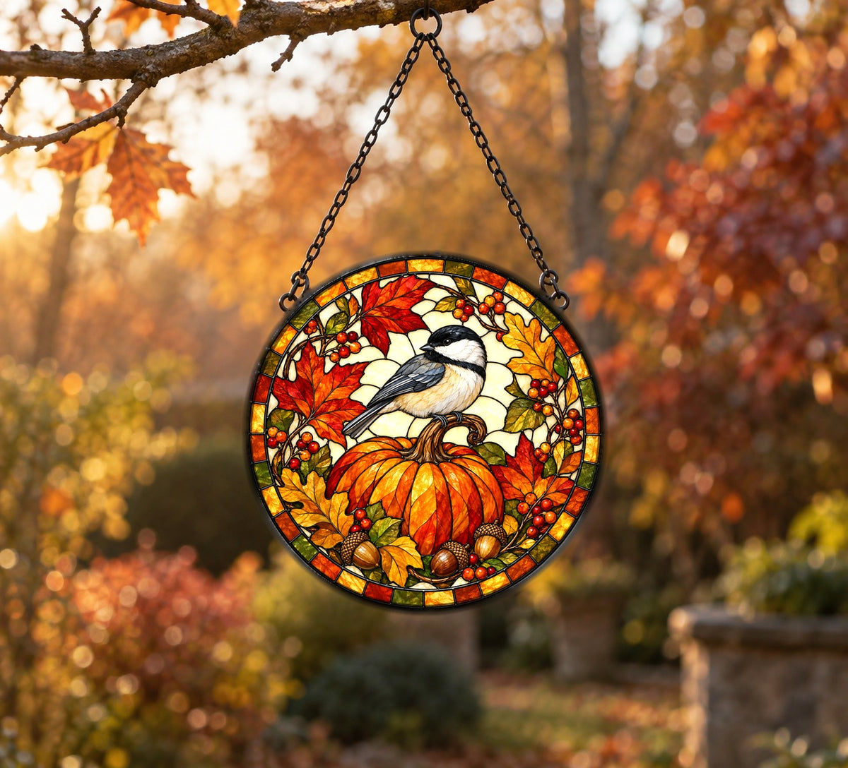 Autumn Chickadee Pumpkin Suncatcher, Fall Bird Glass Window Ornament