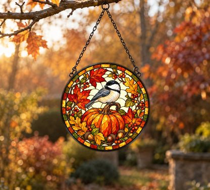 Autumn Chickadee Pumpkin Suncatcher, Fall Bird Glass Window Ornament