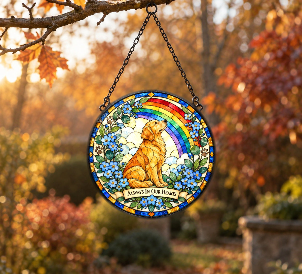 Rainbow Bridge Golden Dog Suncatcher, Pet Memorial Glass Ornament