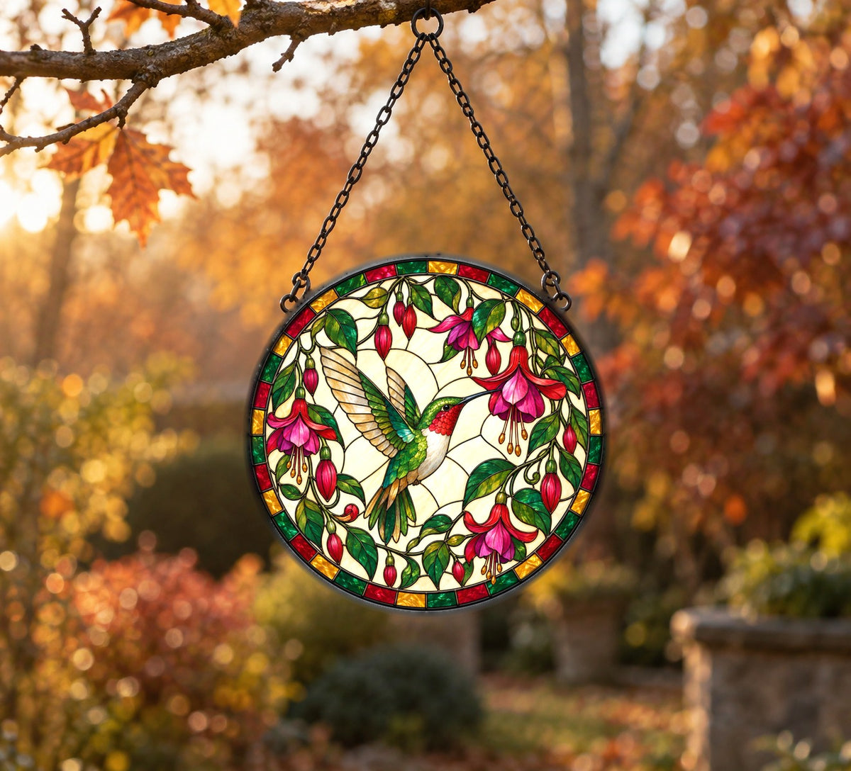 Ruby Nectar Symphony Suncatcher, Hummingbird Glass Window Ornament