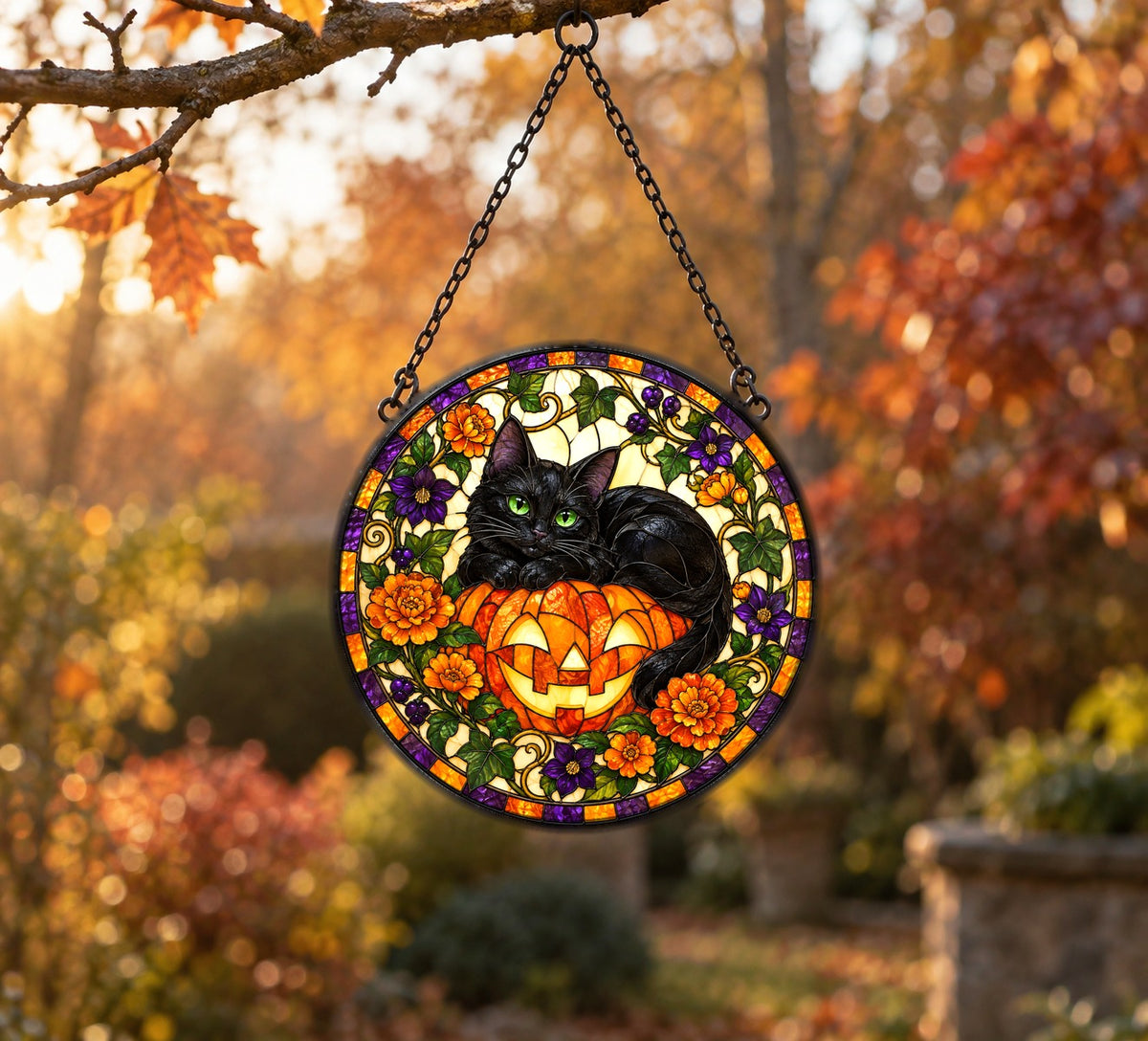 Black Cat and Pumpkin Stained Glass Style Suncatcher Hanging Ornament