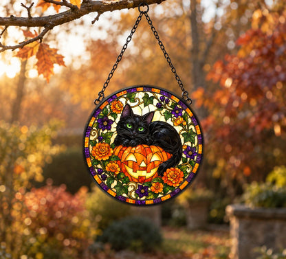 Black Cat and Pumpkin Stained Glass Style Suncatcher Hanging Ornament