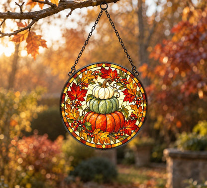 Stacked Heirloom Harvest Pumpkins Suncatcher, Autumn Glass Ornament