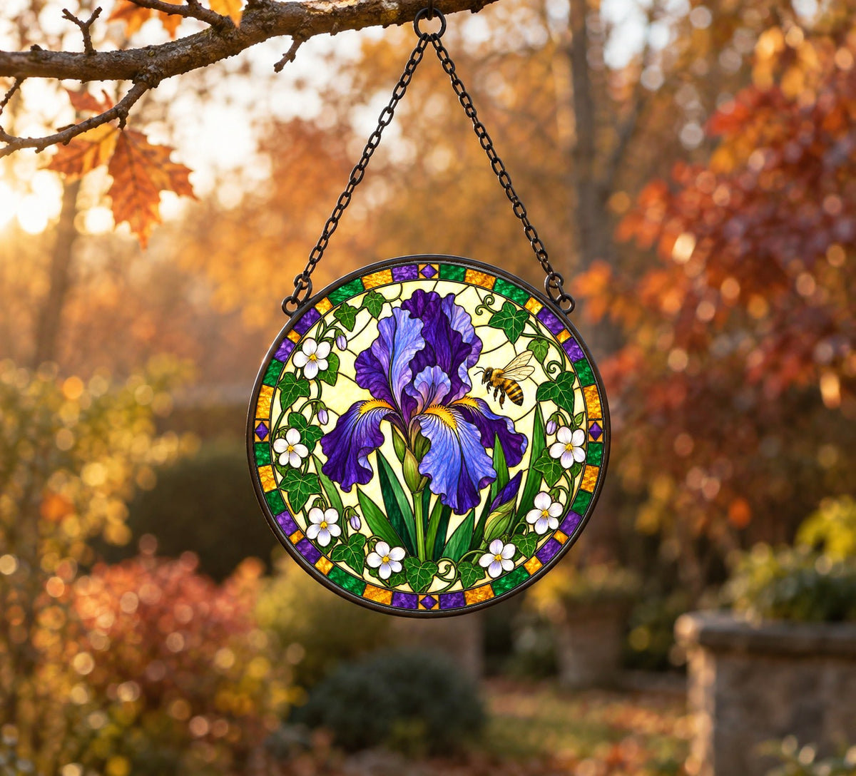 Velvet Iris and Honeybee Stained Glass Suncatcher Window Ornament