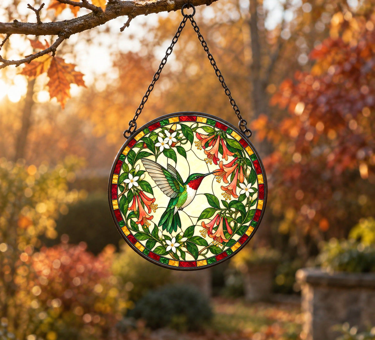 Ruby Nectar Symphony Suncatcher, Hummingbird Glass Window Ornament
