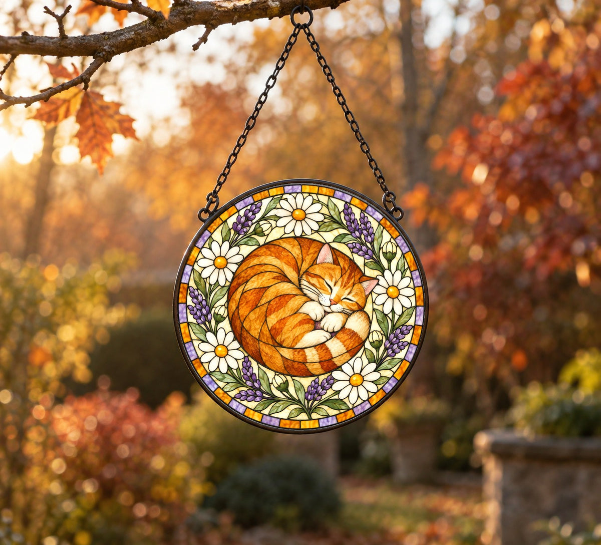 Sunlit Nap Sleeping Tabby Suncatcher, Hanging Glass Window Ornament