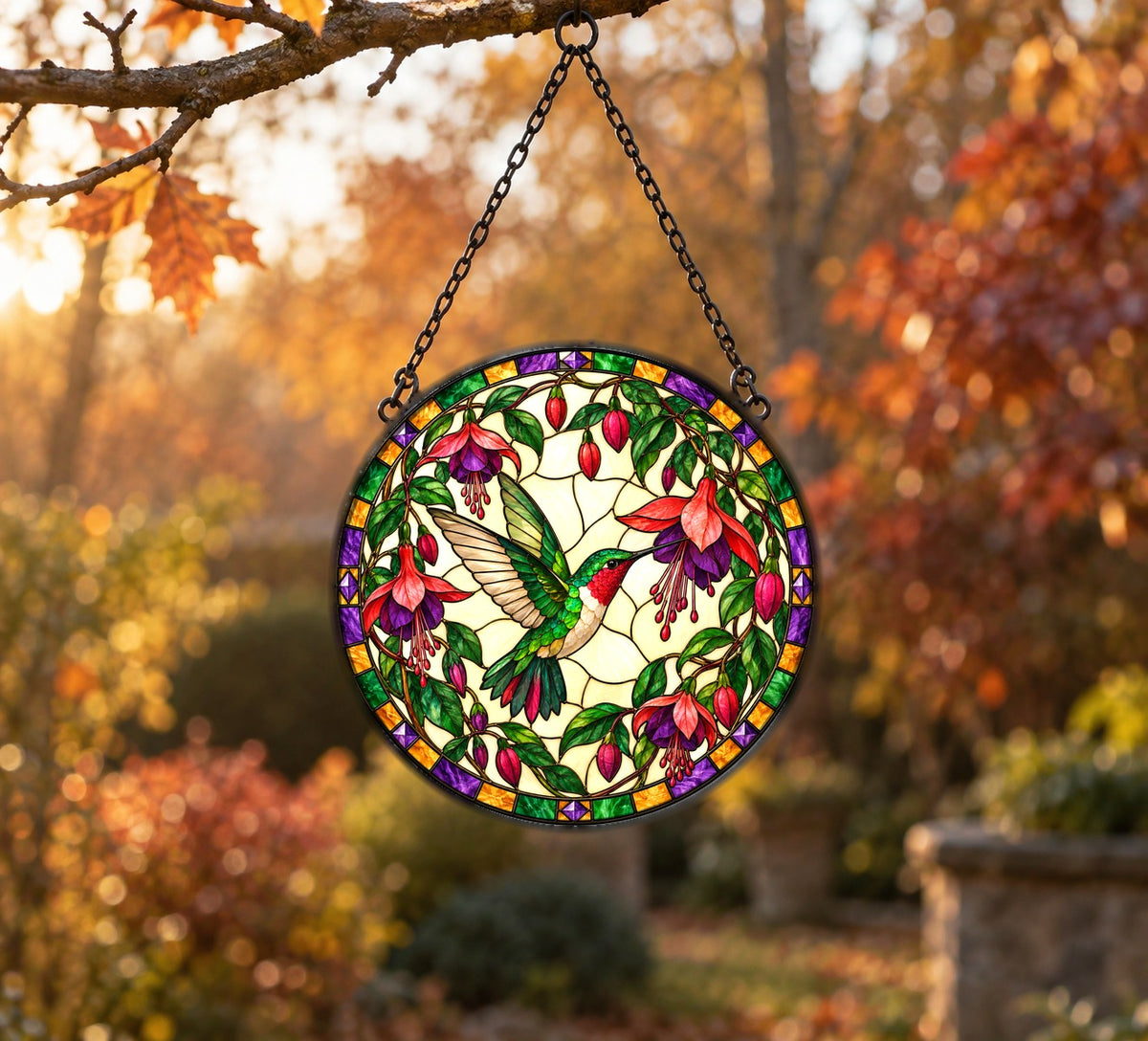 Ruby Nectar Fuchsia Hummingbird Stained Glass Suncatcher Window