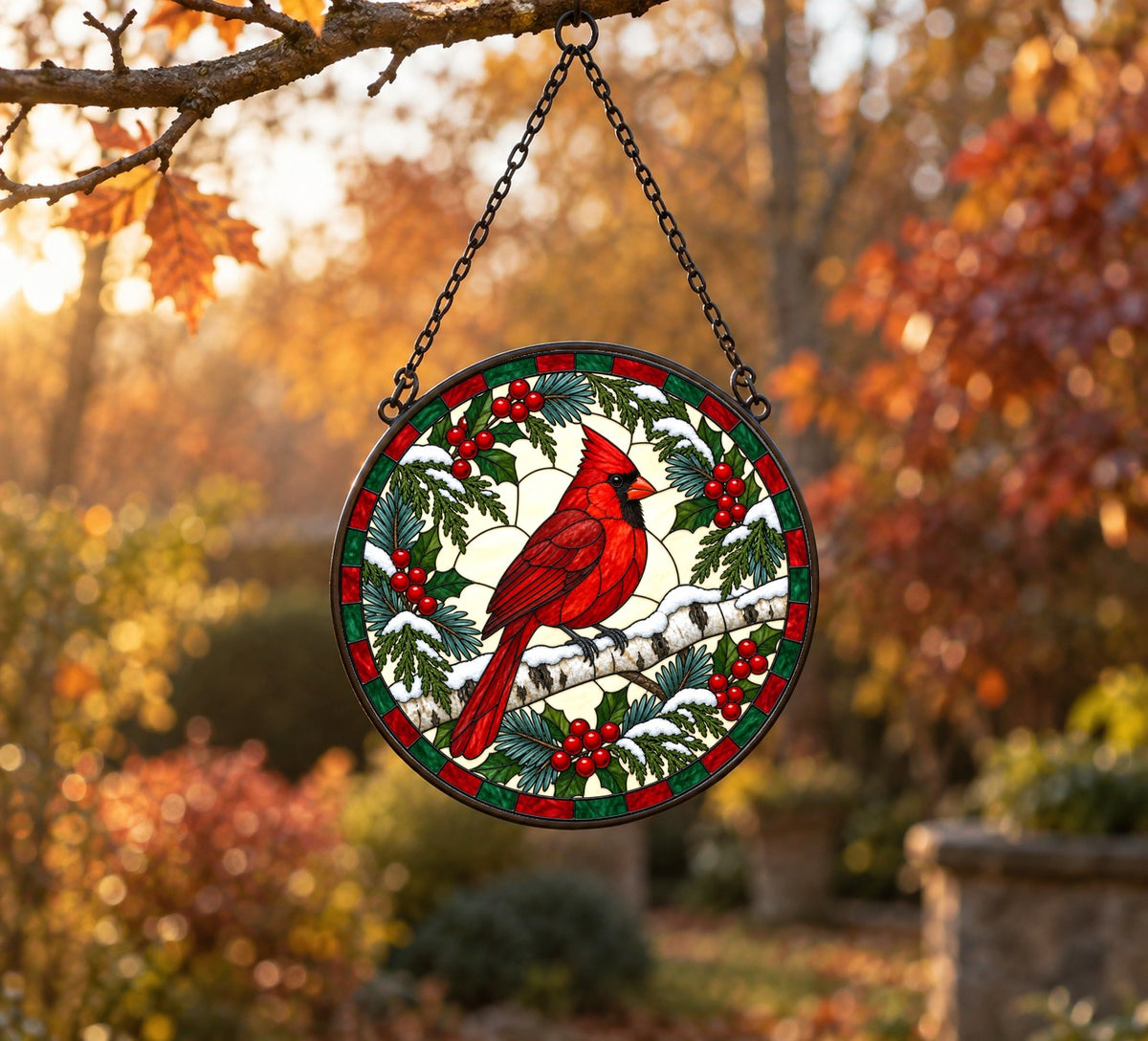 Winter Birch Cardinal Suncatcher, Hanging Glass Bird Ornament