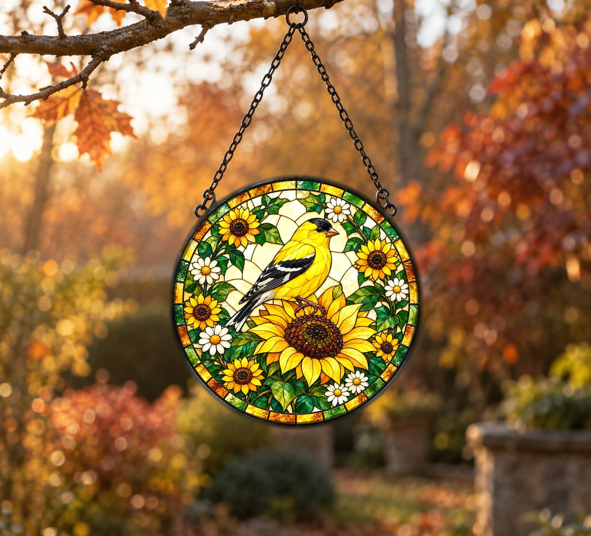 Sunflower Goldfinch Stained Glass Suncatcher Window Hanging Ornament