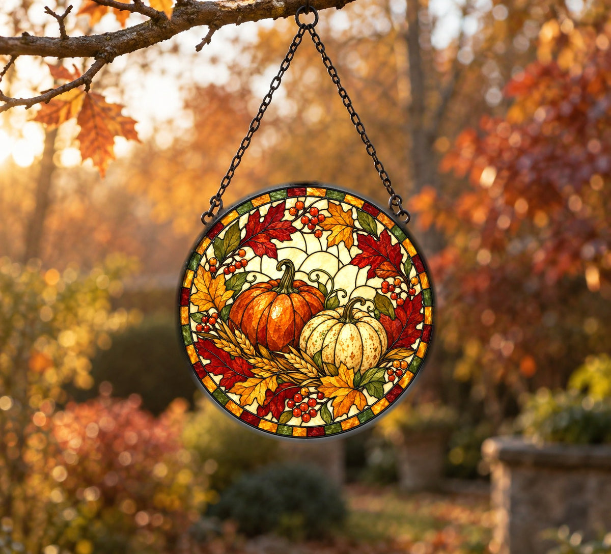 Autumn Heirloom Harvest Suncatcher, Fall Pumpkin Glass Window Ornament